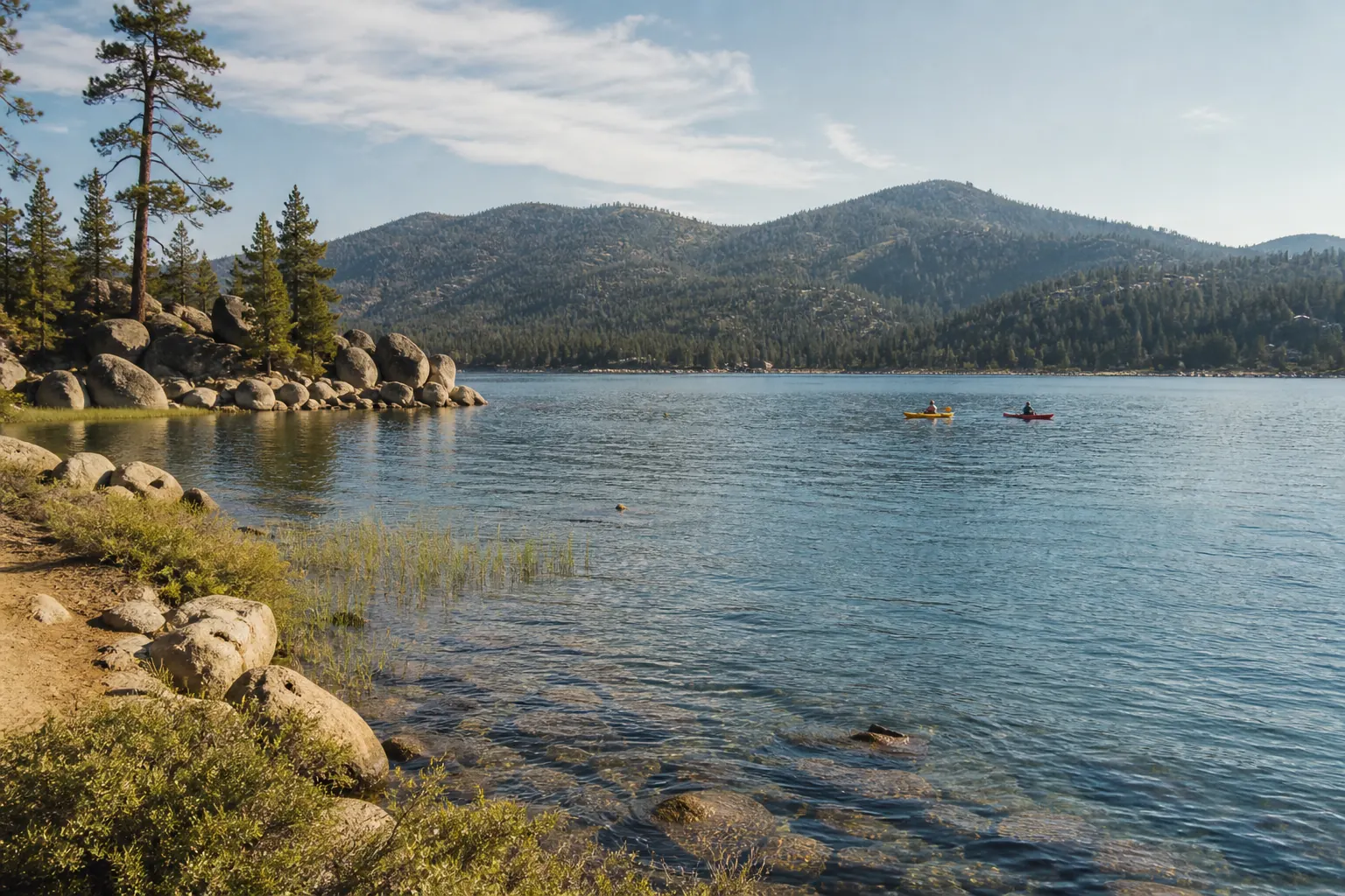 Big Bear Lake en verano con pinos, rocas y kayaks a la distancia.