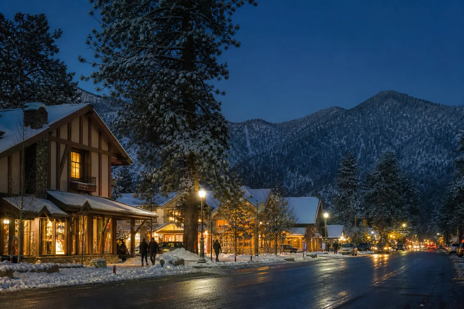 Pueblo de Big Bear cubierto de nieve bajo un cielo azul profundo.