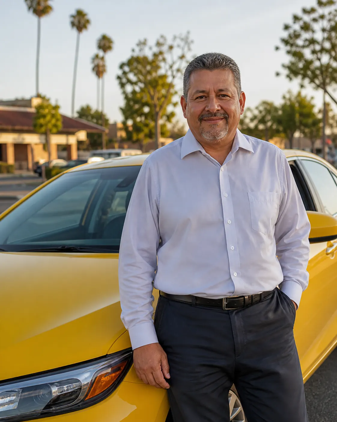 Retrato de un conductor latino junto a un sedán amarillo.