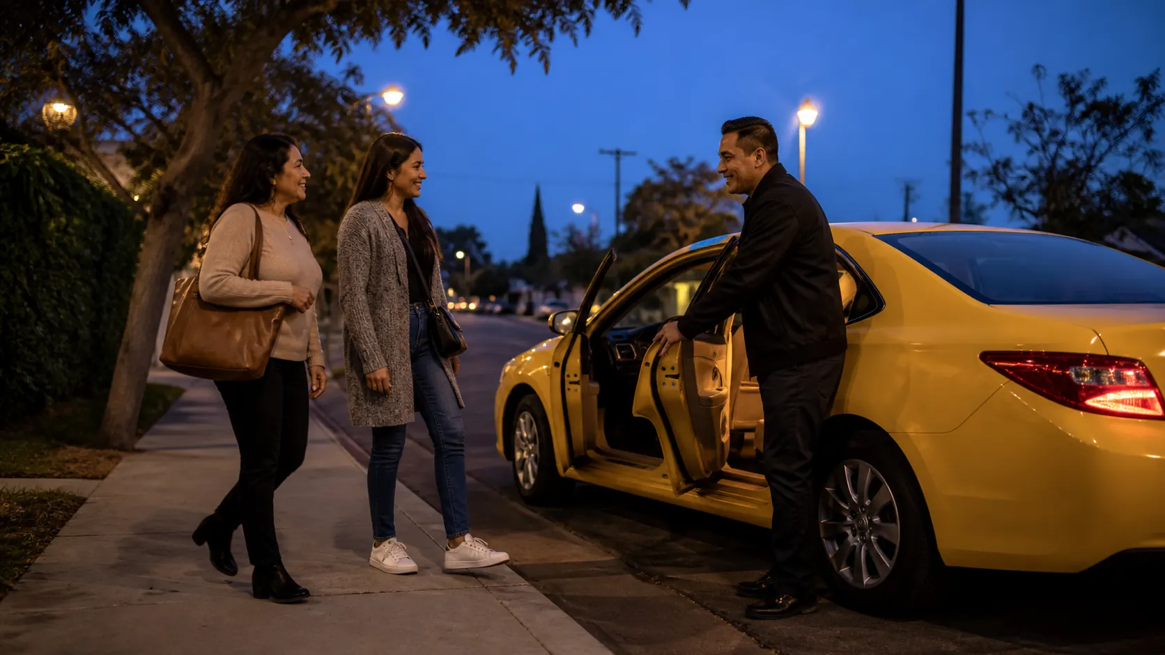 Conductor recibe a dos pasajeras junto a un taxi amarillo al anochecer.