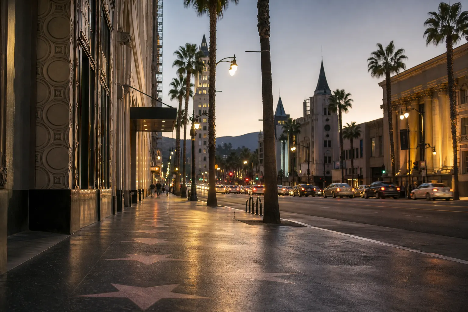 Hollywood Boulevard con palmeras, edificios históricos y luces al anochecer.